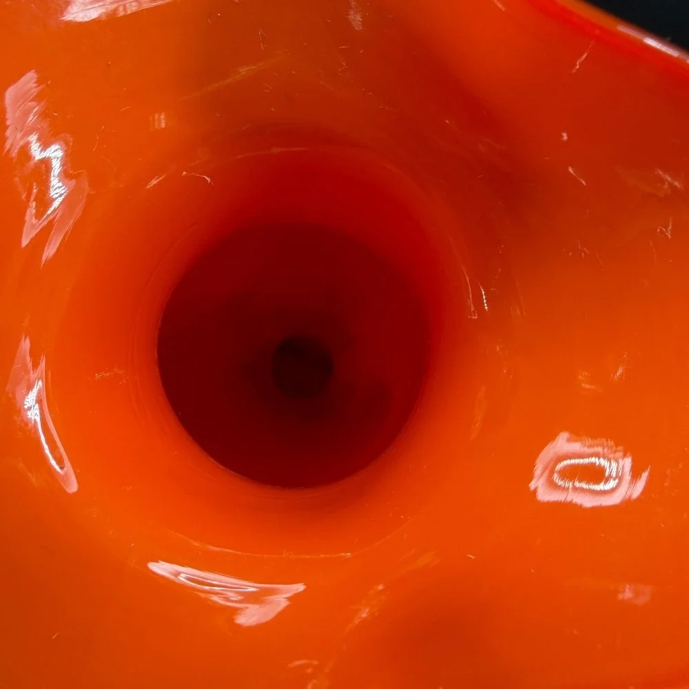 Vintage Czech Art Glass Ruffled Vase Orange Bohemian Mid Century Modern 8in